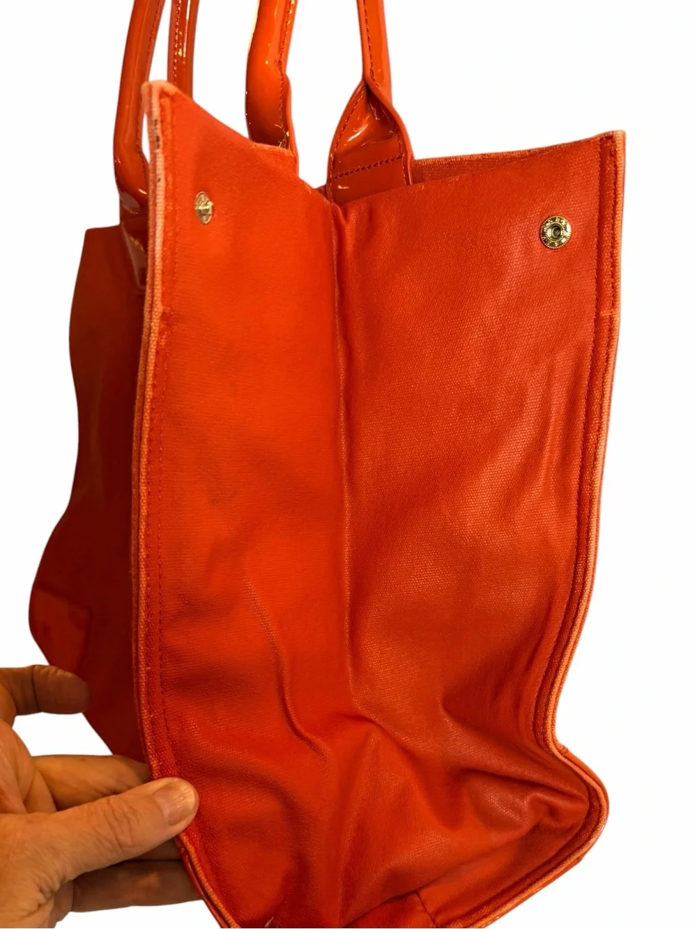 Tory Burch Orange Canvas Tote Patent Leather Trim Embossed Logo Bag